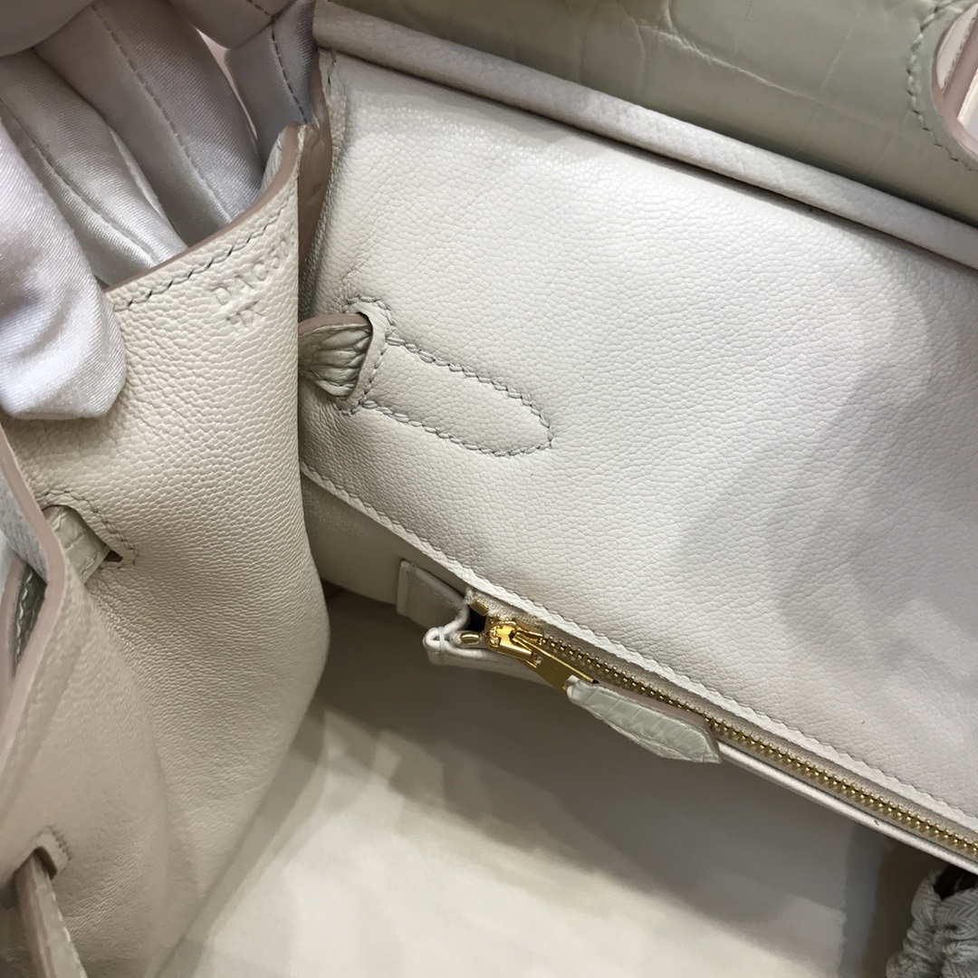 Hermes Touch Birkin 30CM Handbag In White Clemence and Matte Alligator Crocodile Skin